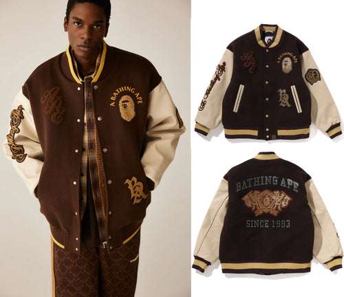 A BATHING APE LINE CAMO MULTI LOGO WOOL VARSITY JACKET