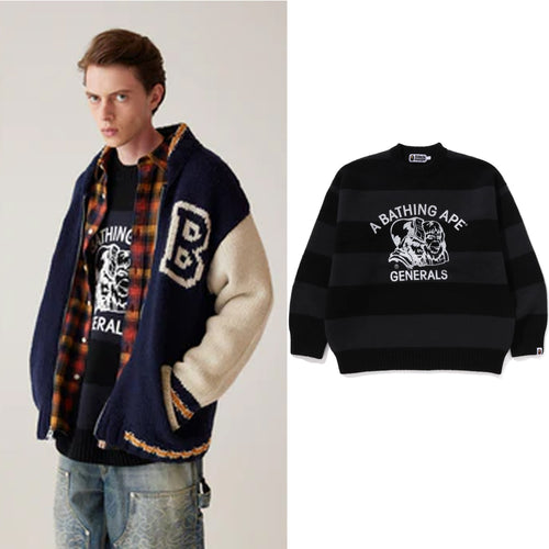 A BATHING APE GENERAL HEAD MOTIF STRIPE RELAXED FIT SWEATER