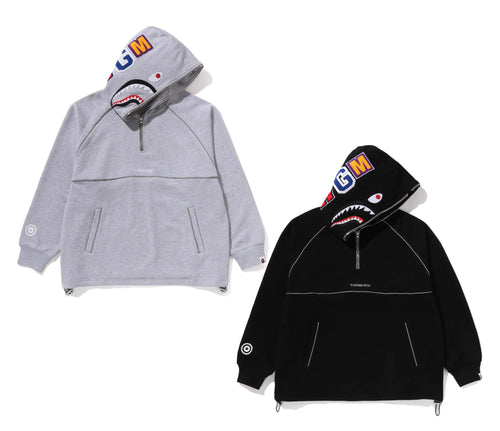 A BATHING APE SHARK LOGO HALF ZIP RELAXED FIT PULLOVER HOODIE