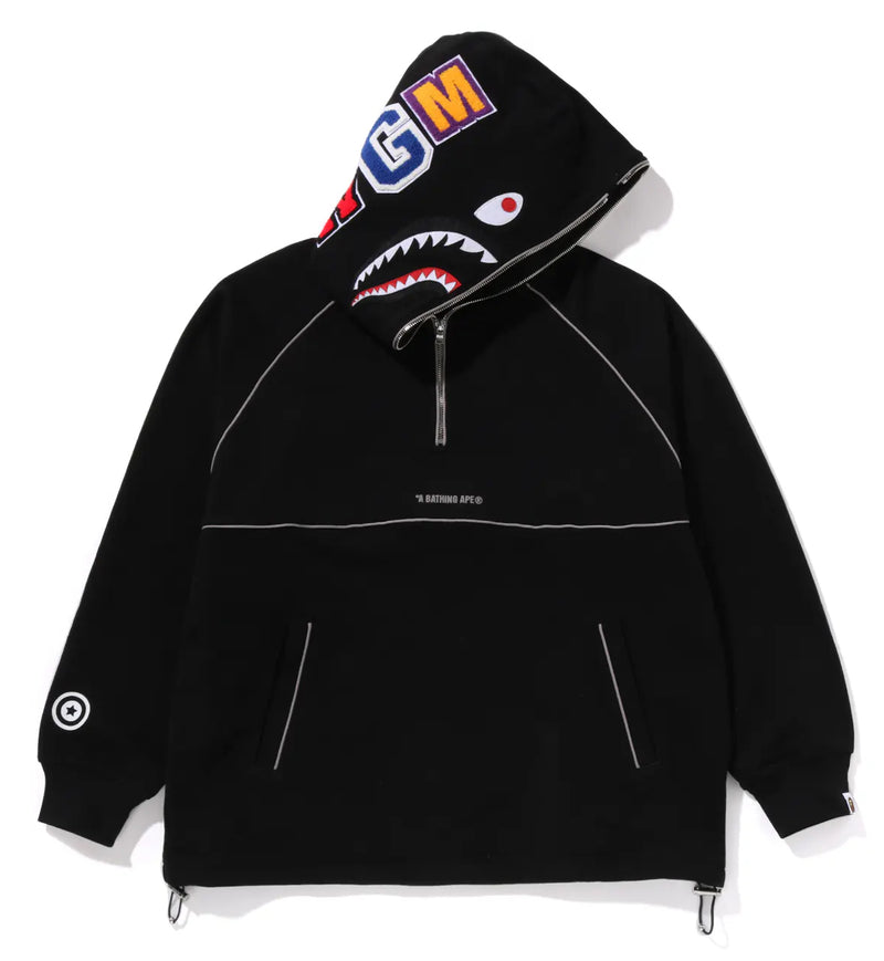 A BATHING APE SHARK LOGO HALF ZIP RELAXED FIT PULLOVER HOODIE