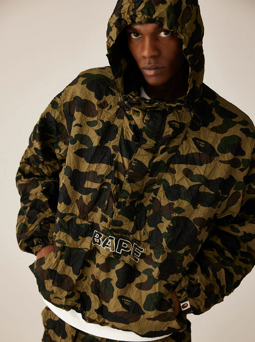 A BATHING APE CRINKLE EFFECT 1ST CAMO HALF ZIP HOODIE JACKET