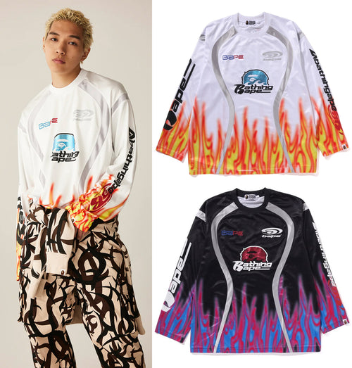 A BATHING APE FLAME PATTERN MULTI LOGO RELAXED FIT FOOTBALL JERSEY