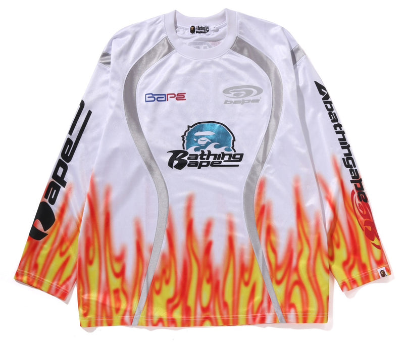 A BATHING APE FLAME PATTERN MULTI LOGO RELAXED FIT FOOTBALL JERSEY