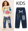 A BATHING APE BAPE KIDS BABY MILO ABC CAMO PATCH DANAGED DENIM PANTS