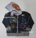 A BATHING APE BAPE KIDS SHARK BAPE EMBLEM DENIM JACKET PRINT ZIP HOODIE