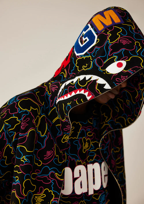 A BATHING APE NEON CAMO SHARK FULL ZIP HOODIE