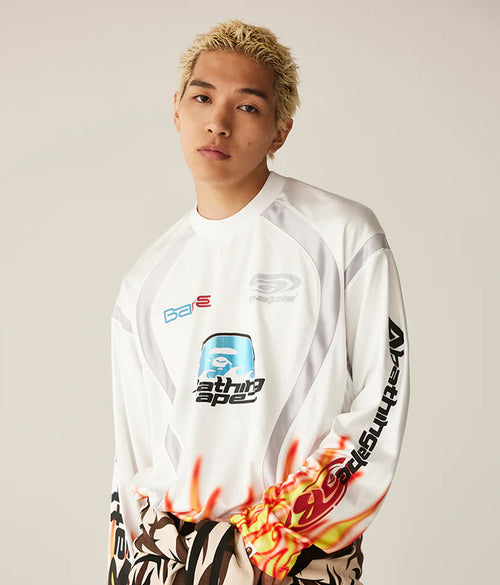 A BATHING APE FLAME PATTERN MULTI LOGO RELAXED FIT FOOTBALL JERSEY