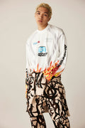 A BATHING APE FLAME PATTERN MULTI LOGO RELAXED FIT FOOTBALL JERSEY