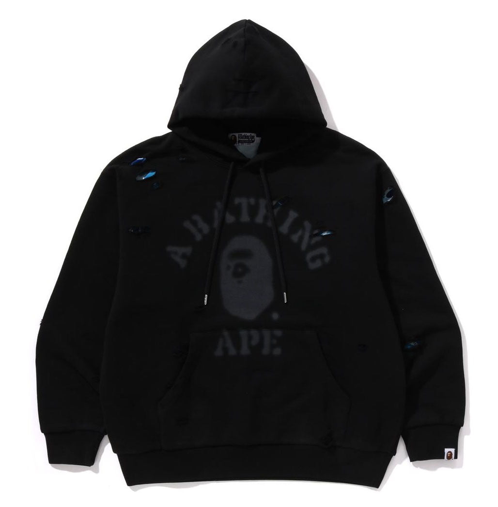 A BATHING APE DESTROYED COLLEGE RELAXED FIT LAYERED PULLOVER HOODIE