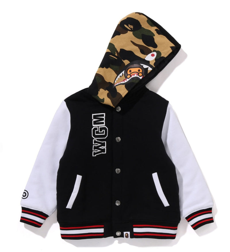 A BATHING APE BAPE KIDS MILO SHARK HOODIE SWEAT VARSITY JACKET