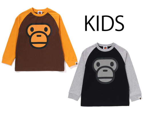 A BATHING APE BAPE KIDS MILO FACE RAGLAN L/S TEE