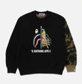 A BATHING APE BAPE x CLOT CAMO SHARK PATCHED RELAXED FIT CREWNECK SWEAT SHIRT