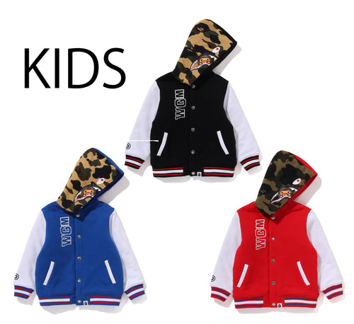 A BATHING APE BAPE KIDS MILO SHARK HOODIE SWEAT VARSITY JACKET