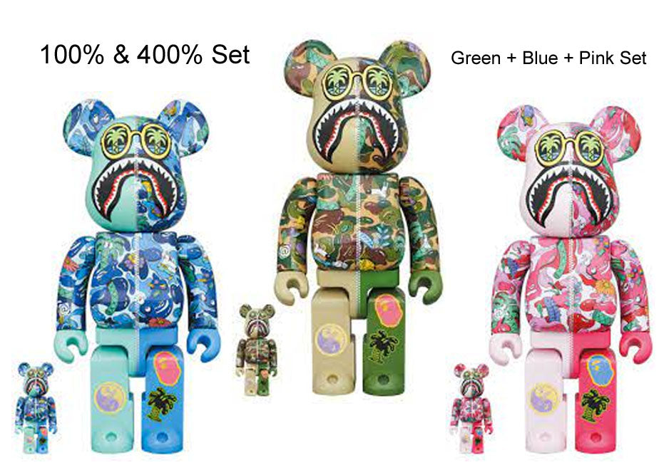 A BATHING APE BAPE x STEVEN HARRINGTON SHARK BE＠RBRICK 100% & 400% Set  Green + Blue + Pink Set