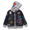 A BATHING APE BAPE KIDS SHARK BAPE EMBLEM DENIM JACKET PRINT ZIP HOODIE