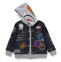 A BATHING APE BAPE KIDS SHARK BAPE EMBLEM DENIM JACKET PRINT ZIP HOODIE