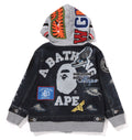 A BATHING APE BAPE KIDS SHARK BAPE EMBLEM DENIM JACKET PRINT ZIP HOODIE