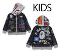 A BATHING APE BAPE KIDS SHARK BAPE EMBLEM DENIM JACKET PRINT ZIP HOODIE