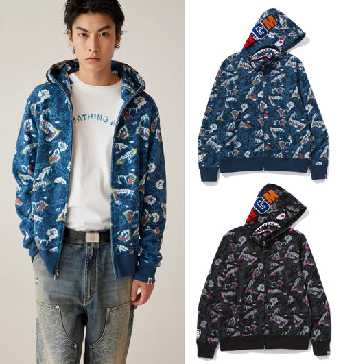 A BATHING APE JAPANESE TATTOO CAMO SHARK FULL ZIP HOODIE