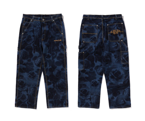 A BATHING APE FLORAL CAMO JACQUARD RELAXED FIT DENIM WORK PANTS