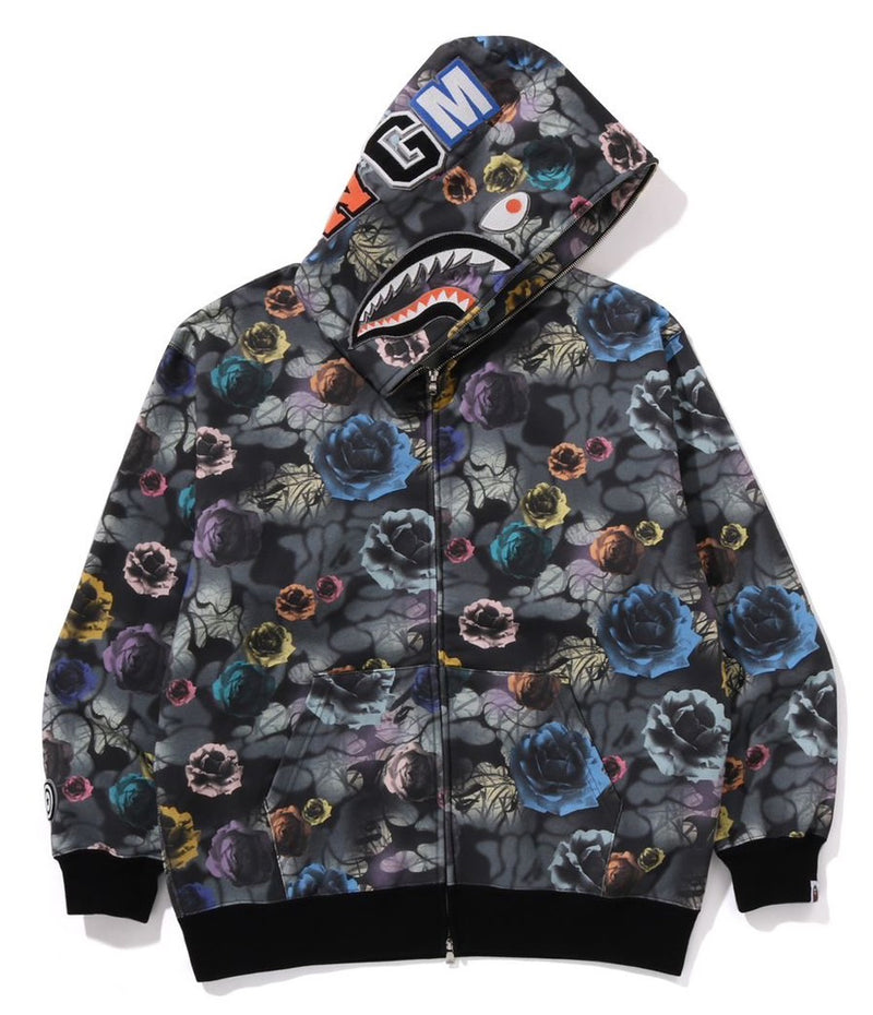 A BATHING APE FLORAL CAMO SHARK RELAXED FIT FULL ZIP HOODIE