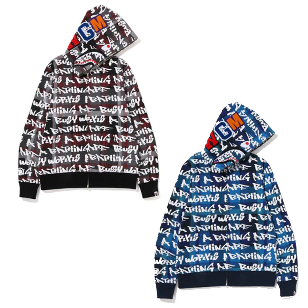 A BATHING APE BAPE GRAFFITI CHECK SHARK FULL ZIP HOODIE