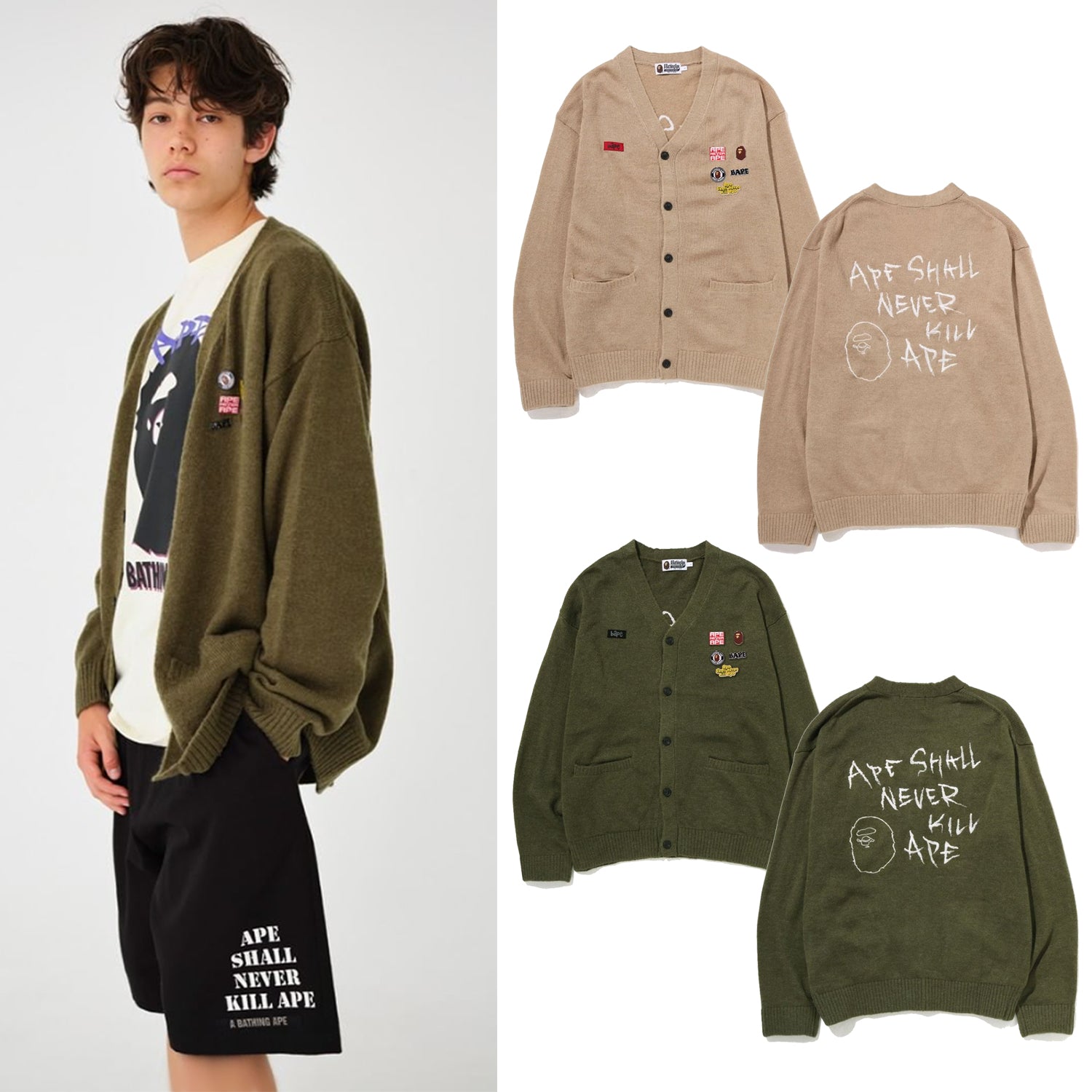 A BATHING APE EMBROIDERY SHAGGY KNIT CARDIGAN with Pins