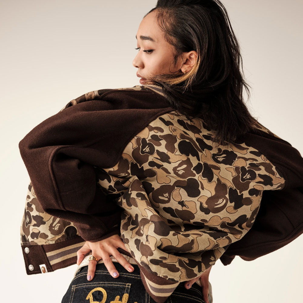 A BATHING APE Ladies' COOKIE CAMO 2 VARSITY JACKET