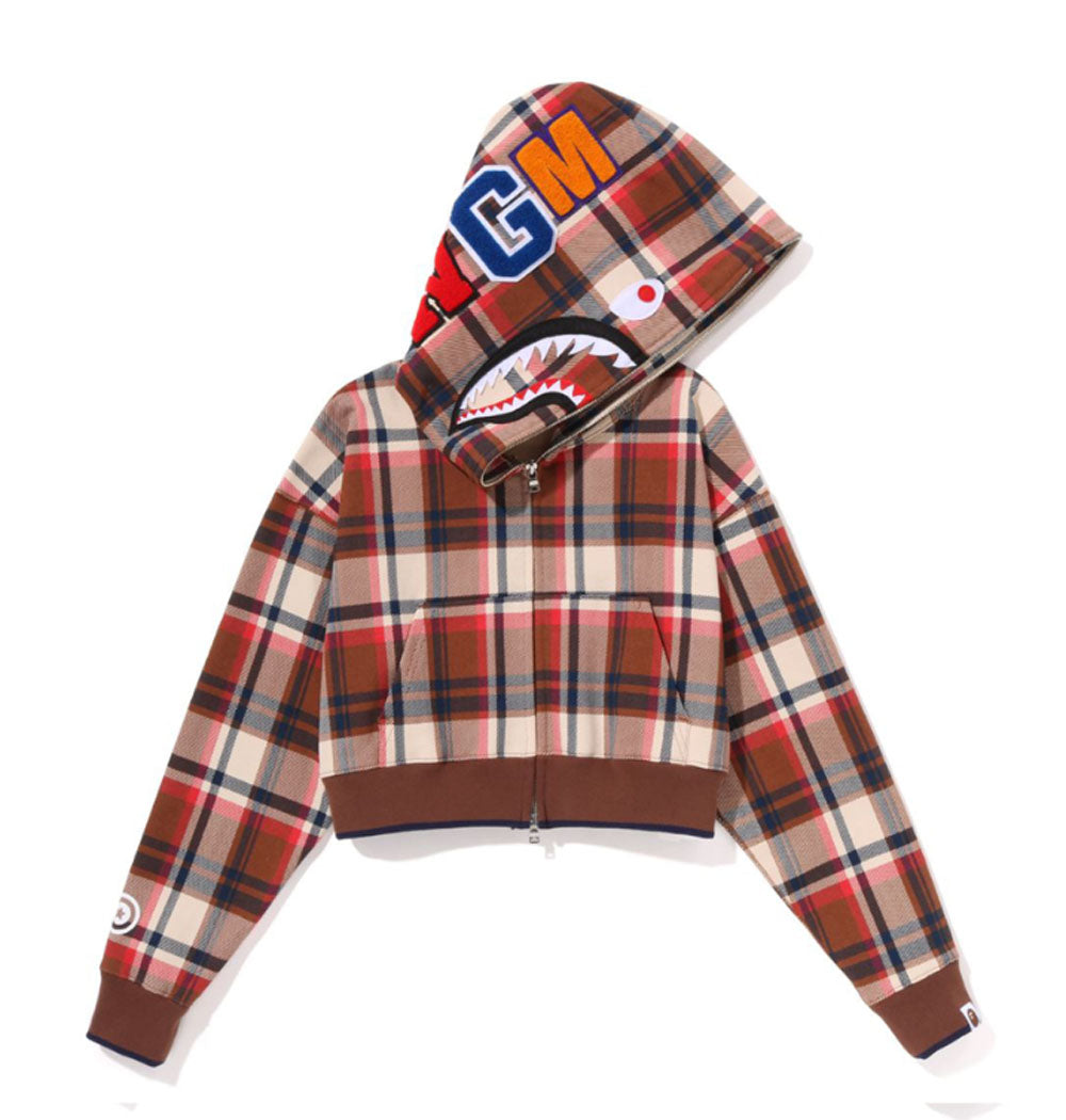 A BATHING APE Ladies' BAPE CHECK CROPPED SHARK FULL ZIP HOODIE