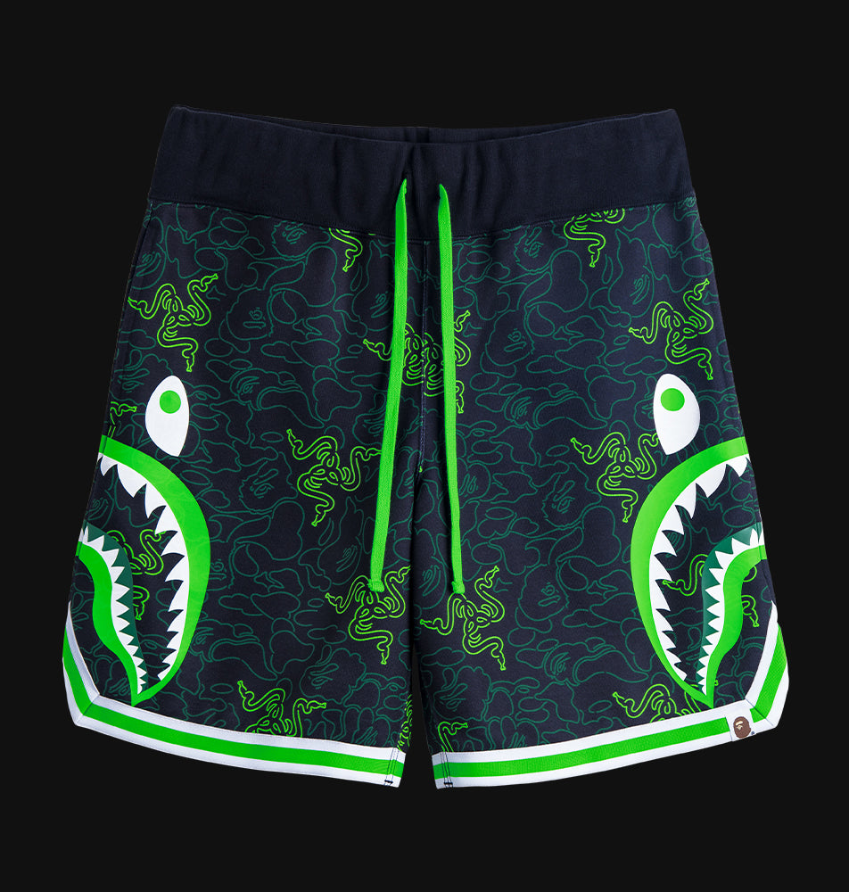 A BATHING APE BAPE x RAZER NEON CAMO BASKETBALL SWEAT SHORTS